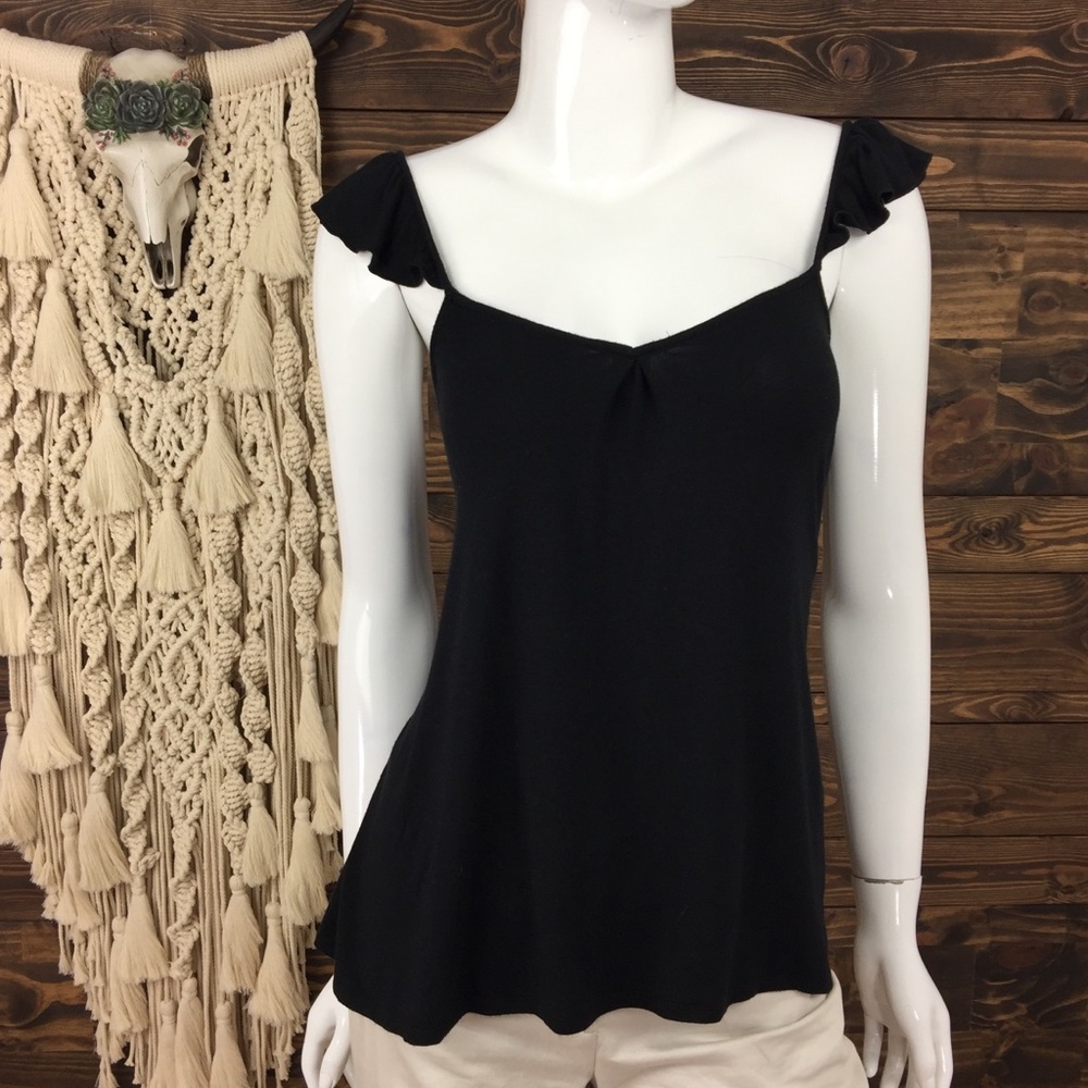 Josie Natori | Ruffle Sleeve V-Neck Cami Tank Buttery Soft Black Tank Top Flowy